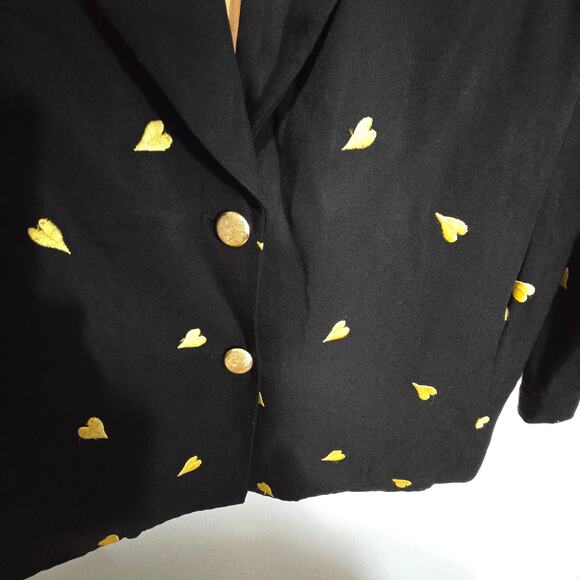 Vintage Marshall Rousso Blazer Black with Gold Embroidered Hearts 2 Button XS - Picture 5 of 9